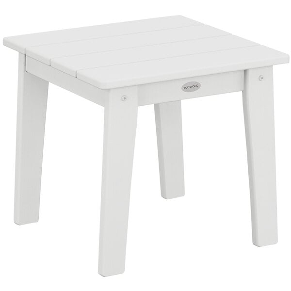 A white POLYWOOD end table with wooden slats on top.