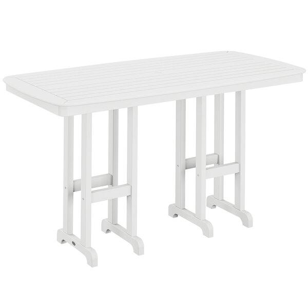 A white POLYWOOD Nautical bar height table on an outdoor patio.