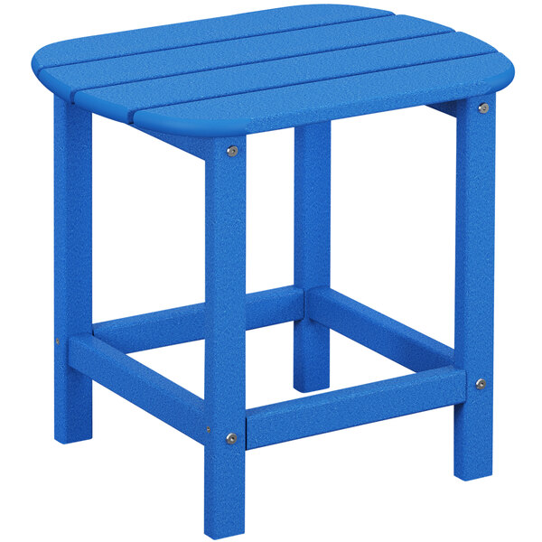 A POLYWOOD Pacific Blue side table with a wooden top.