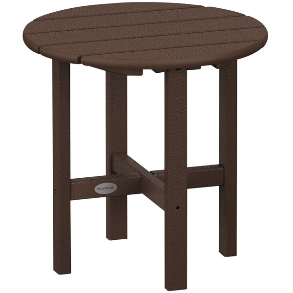 A brown round POLYWOOD outdoor side table with legs and a wooden top.