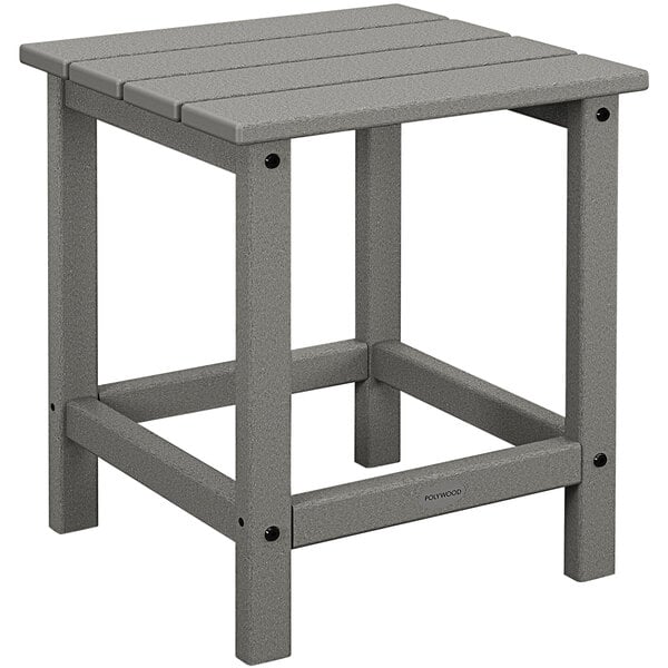 A POLYWOOD slate grey side table with a wooden top.