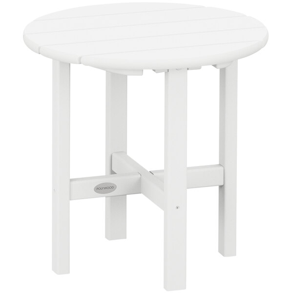 A white round POLYWOOD side table with wooden legs.