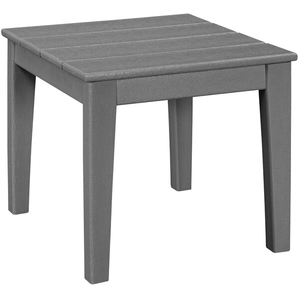 A POLYWOOD slate grey square end table with wooden legs.