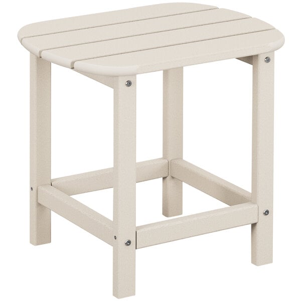 A white POLYWOOD side table with a wooden top on a patio.