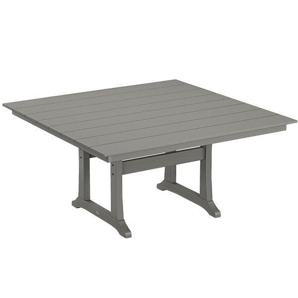 A POLYWOOD grey square dining table with a wooden top and trestle legs.