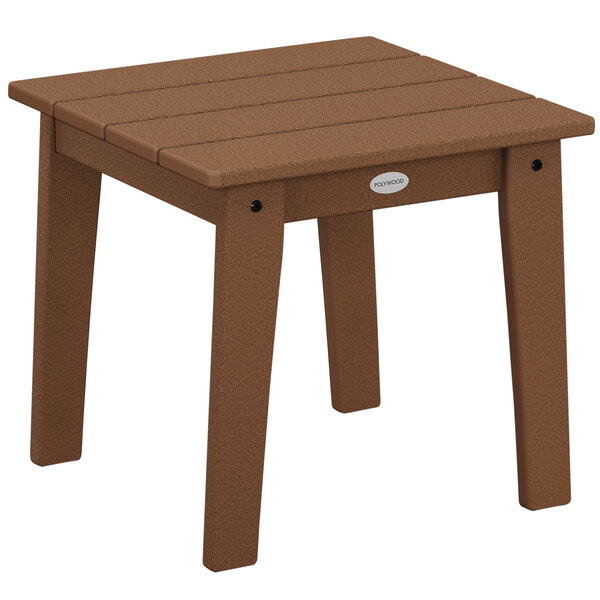 A brown POLYWOOD Lakeside end table with a wooden top.