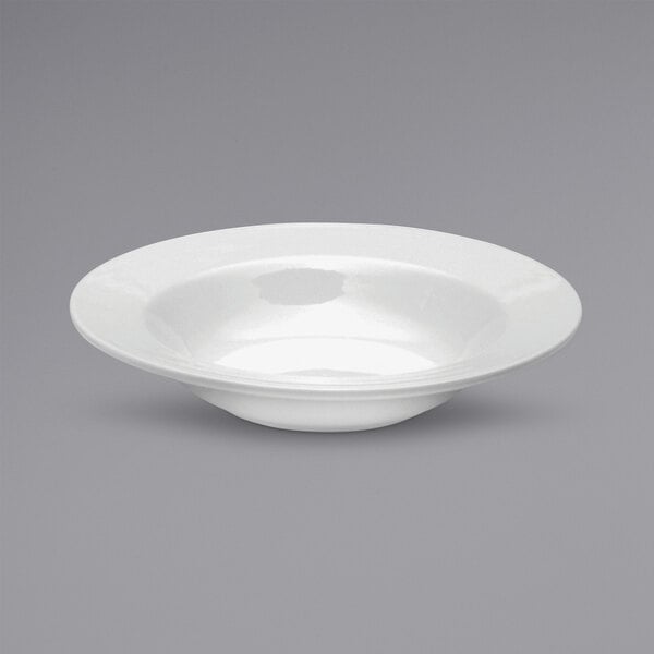 A white Oneida Tundra wide rim china grapefruit bowl.