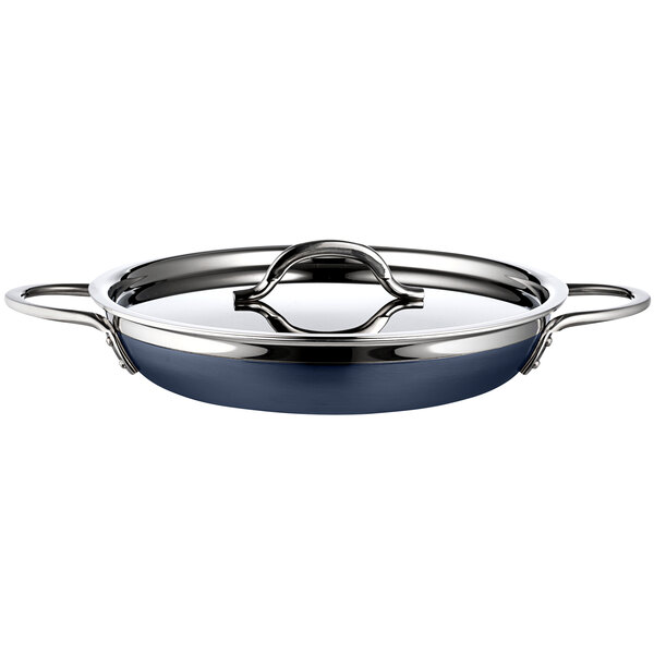 A Bon Chef stainless steel saute pan with a lid.