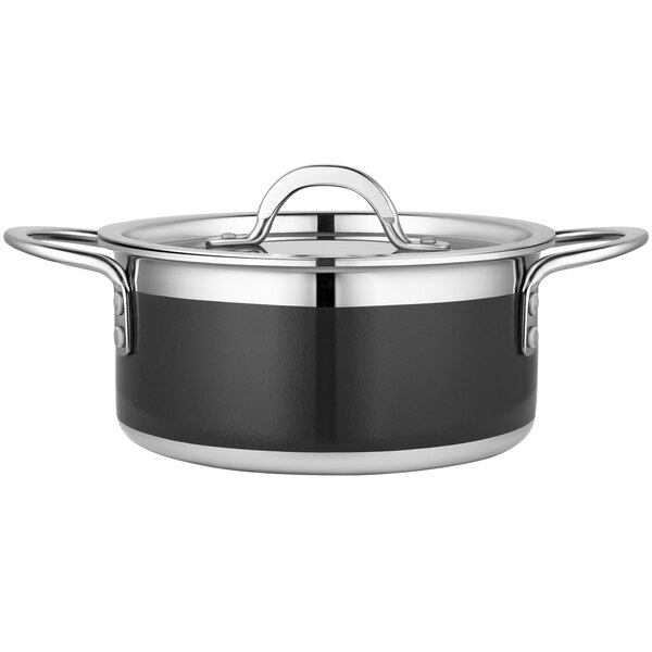 A Bon Chef black and silver stainless steel pot with a lid.