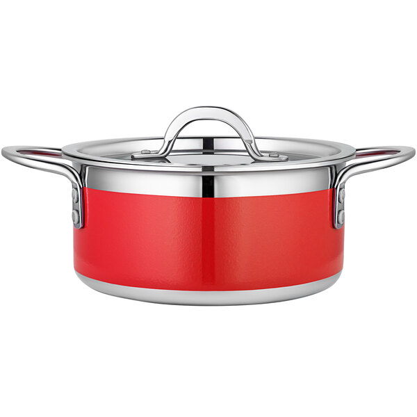 A red and silver Bon Chef Country French cooking pot with a lid.