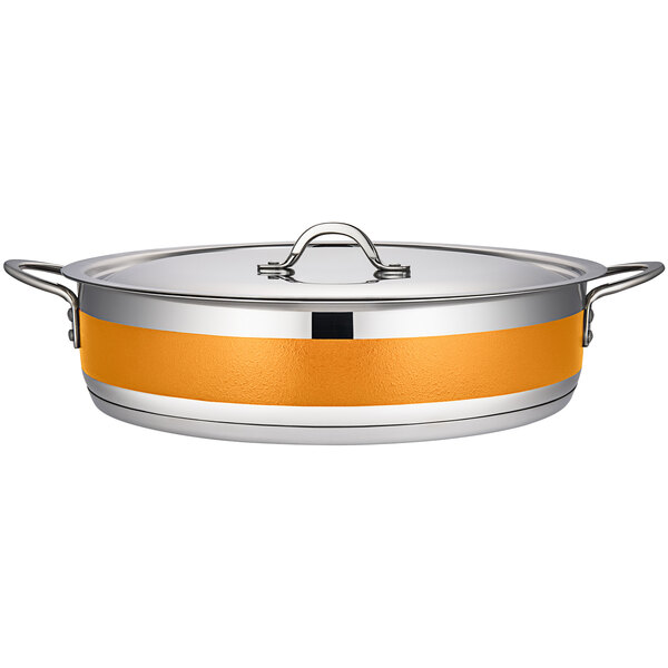 A Bon Chef orange stainless steel brazier pot with a handle.