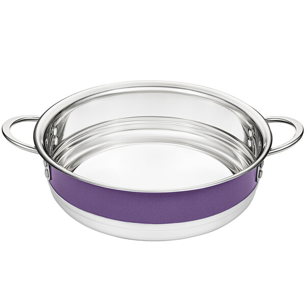 A Bon Chef stainless steel bottomless pot with a purple band and handle.