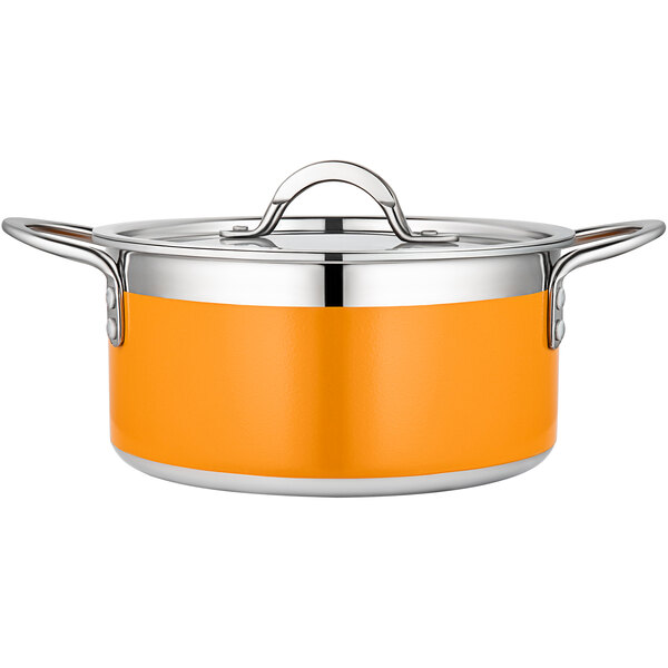 A Bon Chef orange stainless steel pot with a stainless steel handle.