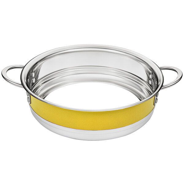 A yellow stainless steel Bon Chef bottomless pot with handles.