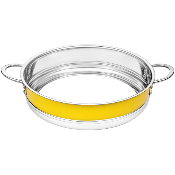 A silver and yellow Bon Chef bottomless pot with a handle.