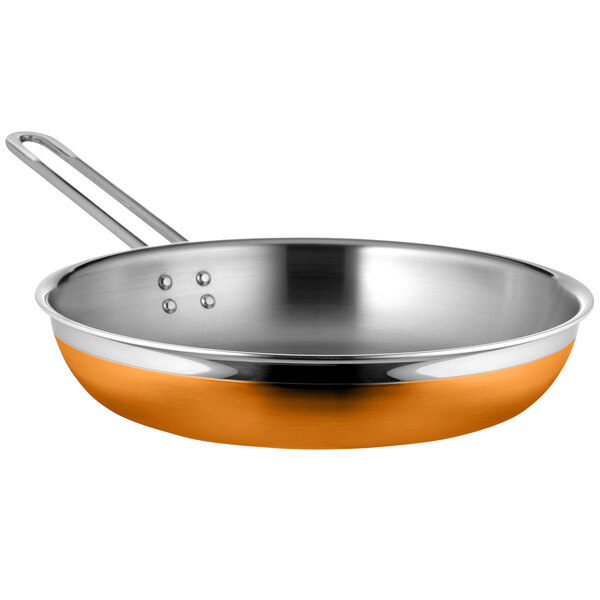 A Bon Chef stainless steel saute pan with a long handle, orange exterior.