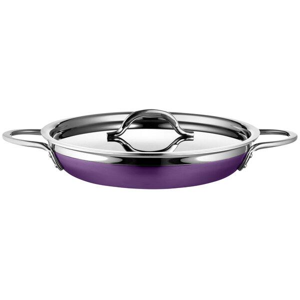 A purple Bon Chef Country French saute pan with lid.