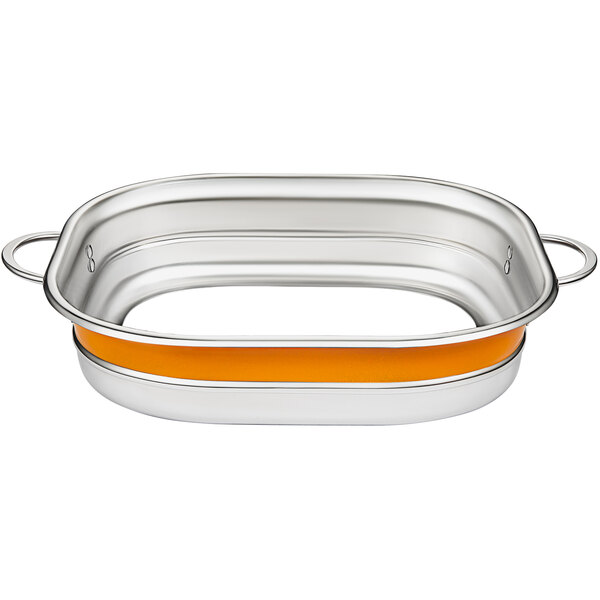 A silver stainless steel and orange Bon Chef rectangular pan with no bottom.