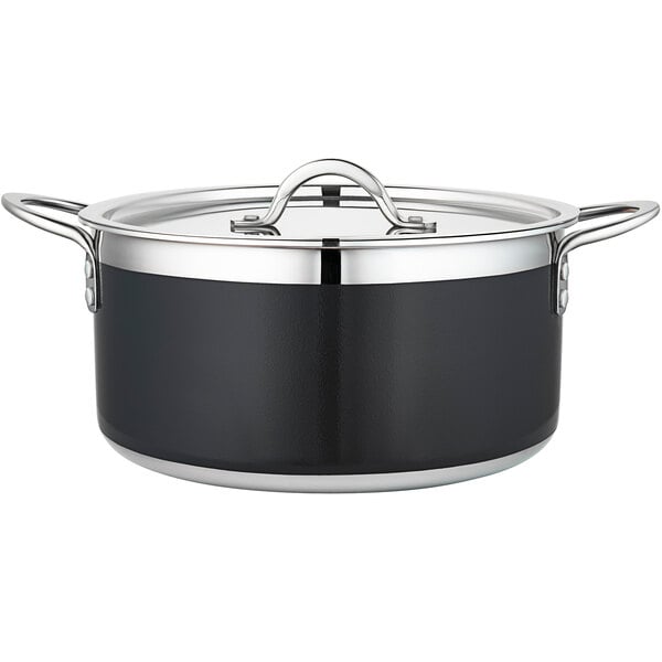 A black and silver Bon Chef Country French cooking pot with a lid.