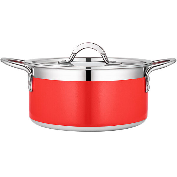 A red and silver Bon Chef Country French pot with a stainless steel lid.