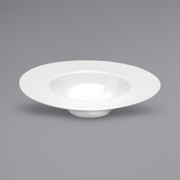 A Oneida Tundra white china pasta bowl with a wide rim.