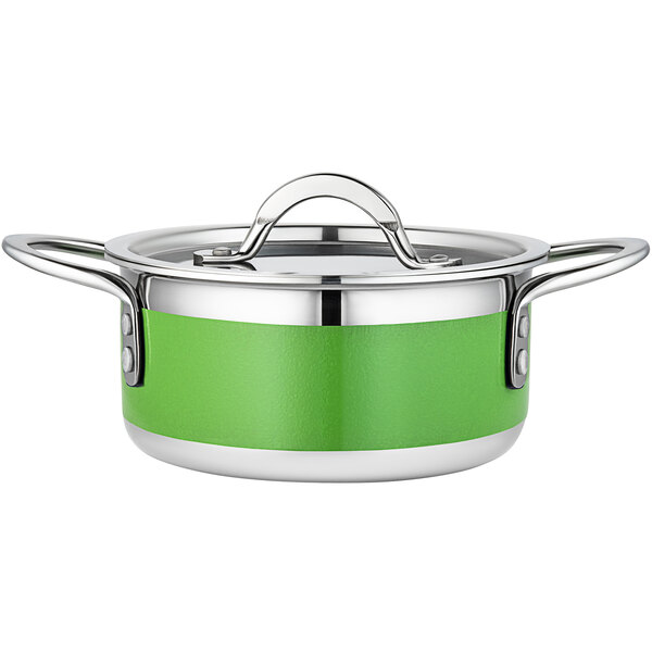 A Bon Chef lime green and silver stainless steel pot with a lid.