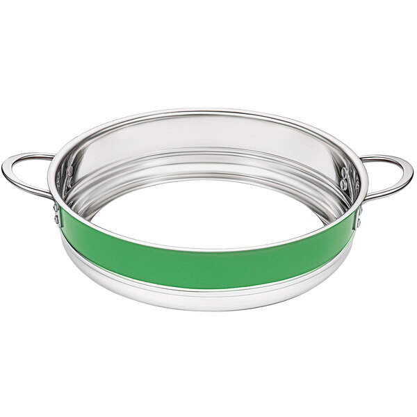 A silver stainless steel Bon Chef bottomless pot with green handles.