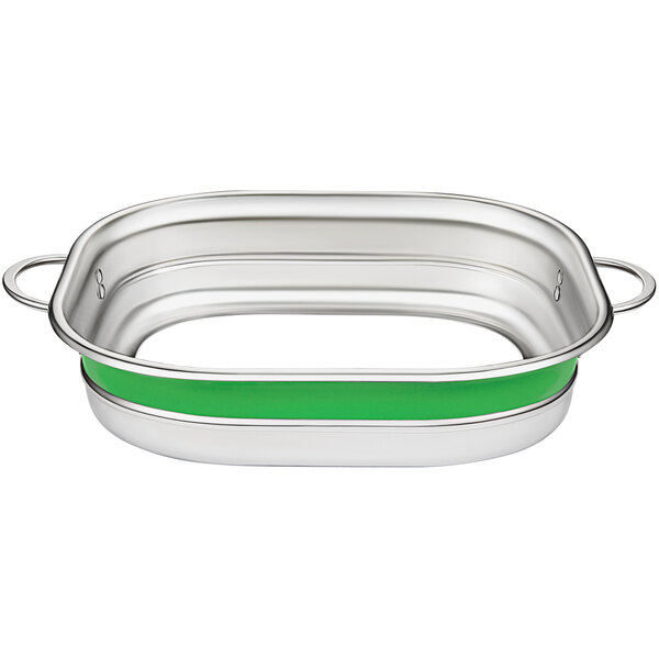 A silver and green rectangular stainless steel pan with green handles.