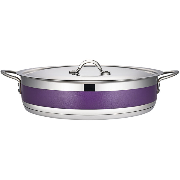 A purple and silver Bon Chef Country French braising pot with a lid.