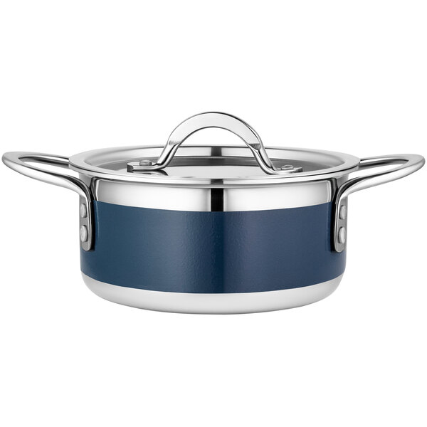 A Bon Chef stainless steel pot with cobalt blue accents.