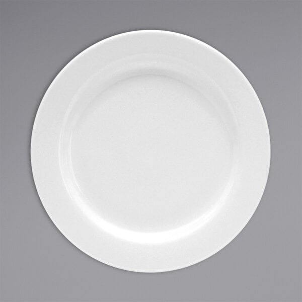 An Oneida Tundra warm white china plate with a wide white rim.
