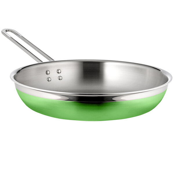 A lime green stainless steel long handle saute pan.