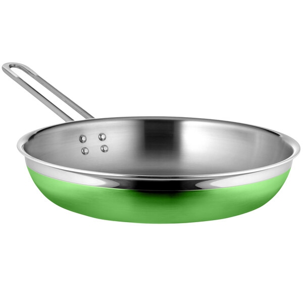 A lime green and silver Bon Chef saute pan with a long handle.