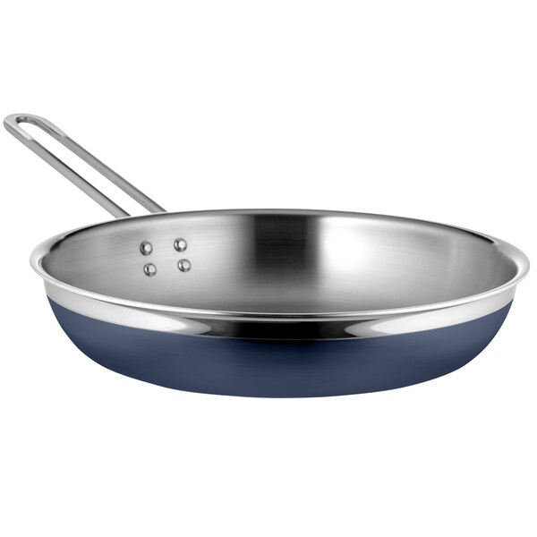 A close-up of a Bon Chef stainless steel saute pan with a blue interior and long handle.