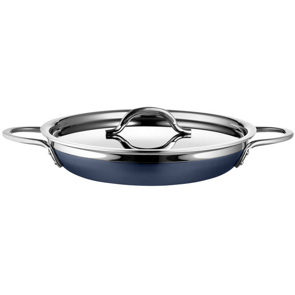 A Bon Chef stainless steel double handle saute pan with a lid.