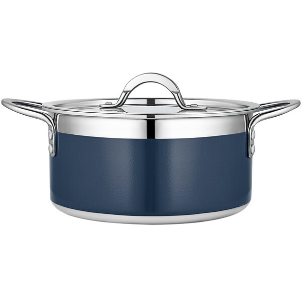 A cobalt blue and stainless steel Bon Chef Country French pot with a lid.
