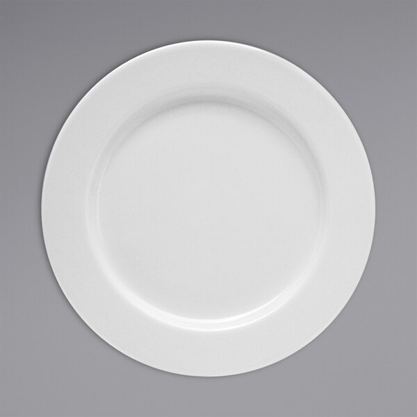 A white Oneida Tundra china plate with a wide white rim.