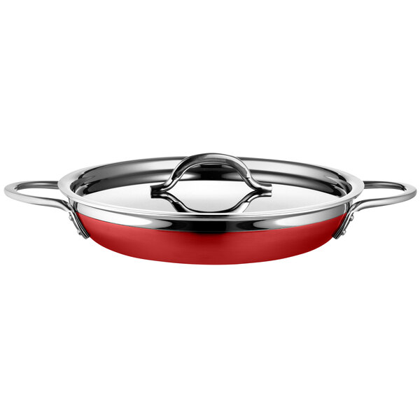 A red Bon Chef Country French saute pan with a lid.