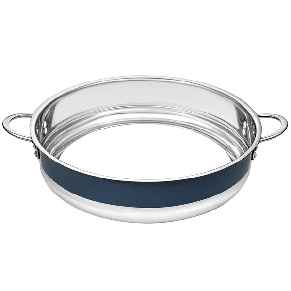 A Bon Chef stainless steel bottomless pot with cobalt blue handles.