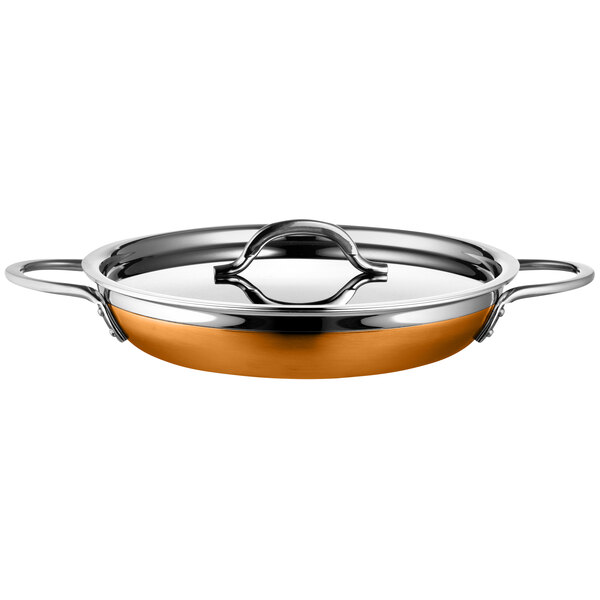 A Bon Chef stainless steel double handle saute pan with a lid.