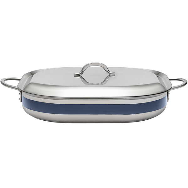 A silver stainless steel Bon Chef roasting pan with blue stripes.