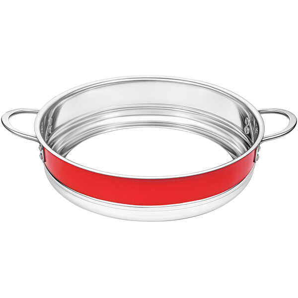 A silver and red Bon Chef bottomless pot.