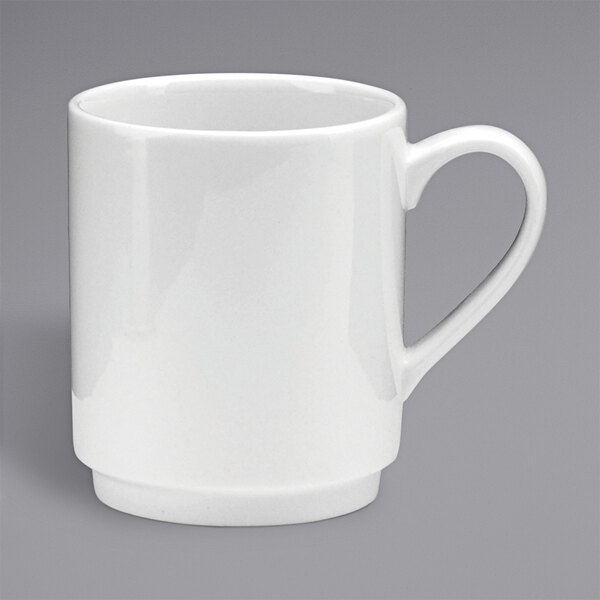 A Oneida Tundra warm white china mug with a handle.