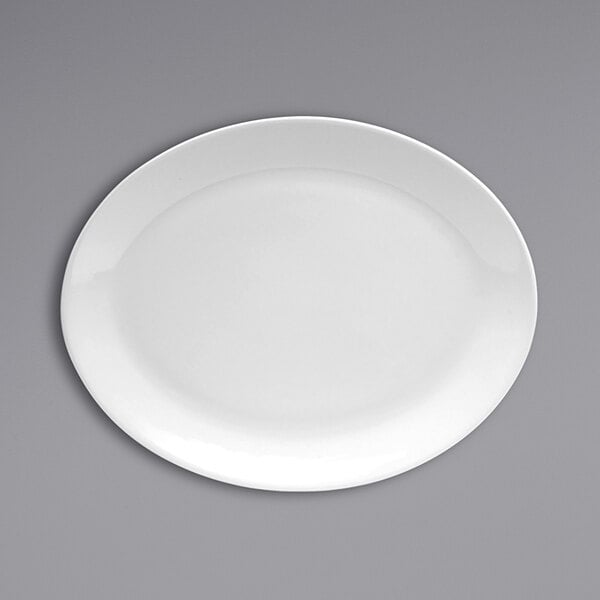 A white Oneida Tundra china platter with a white rim.