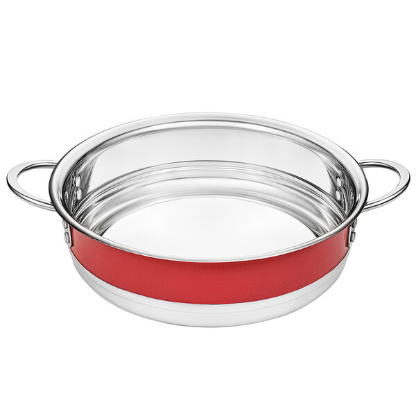 A Bon Chef stainless steel bottomless pot with a red band and handle.