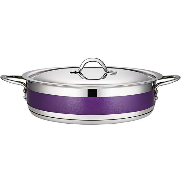 A purple and silver Bon Chef Country French brazier pot with a lid.
