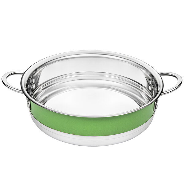 A Bon Chef stainless steel bottomless pot with a lime green band and handle.