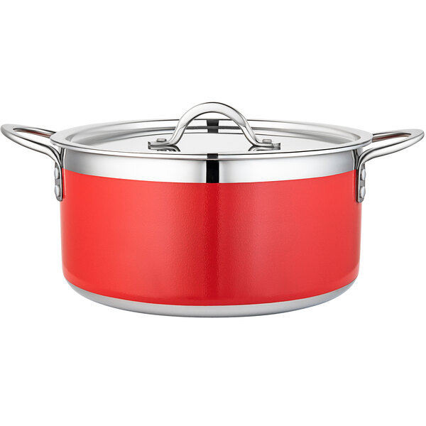 A red and silver Bon Chef Country French pot with a lid.