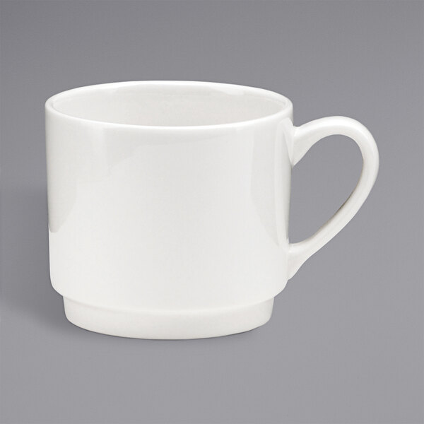 A white Oneida Tundra china cup with a handle.