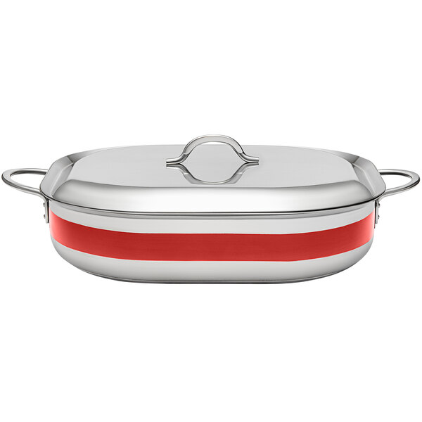 A red stainless steel Bon Chef French oven with a lid.